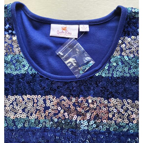 Top/Blouse-Quacker Factory-Blue Toned Sequin Front-Fabric Back-Scoop Neck-Size L - Picture 5 of 15